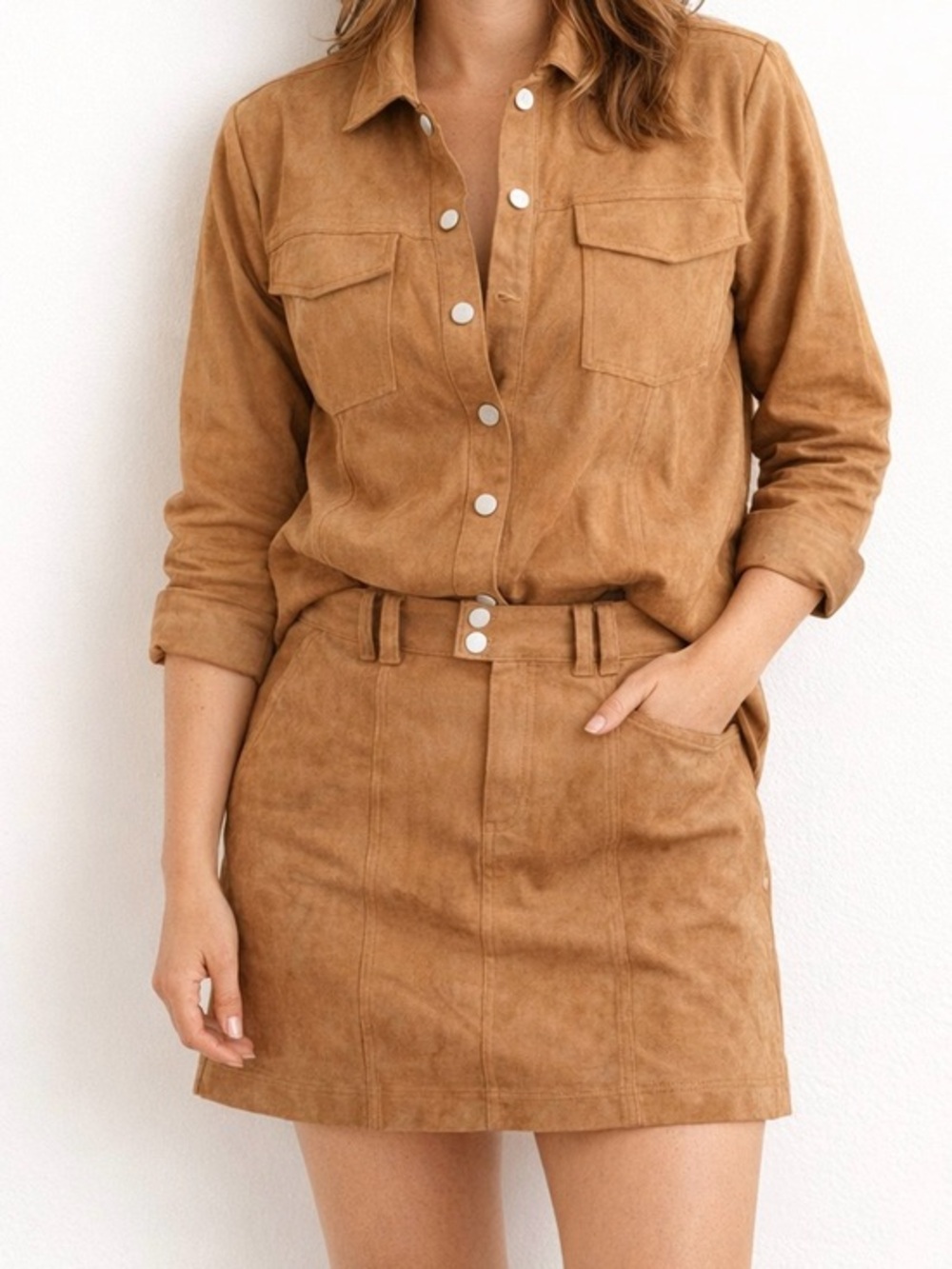 Seven Wonders Monah Suede Jacket & Mini Skirt Set – Ochre Brown, Size Medium NWT